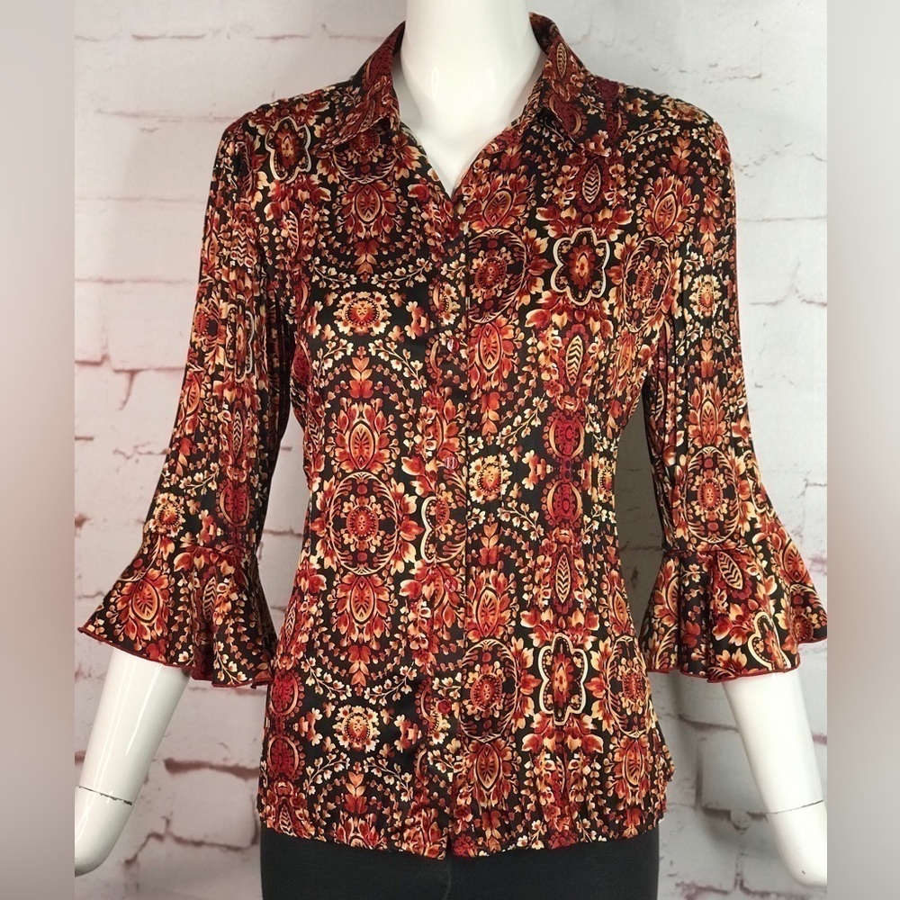 ESSENTIALS By MILANO Pleated S 3/4 Bell Sleeve Rust Cream Black Print Blouse - Picture 13 of 13
